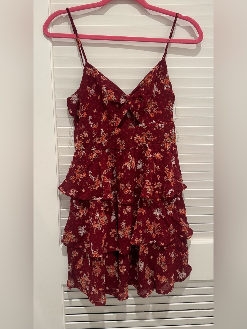 Trixxi Burgundy Floral Tiered Spaghetti Strap Dress with Front Bow